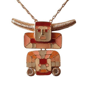​Vintage 1970s DF Dyan Enamel Aztec Tribal Deity Modernist Pendant Necklace